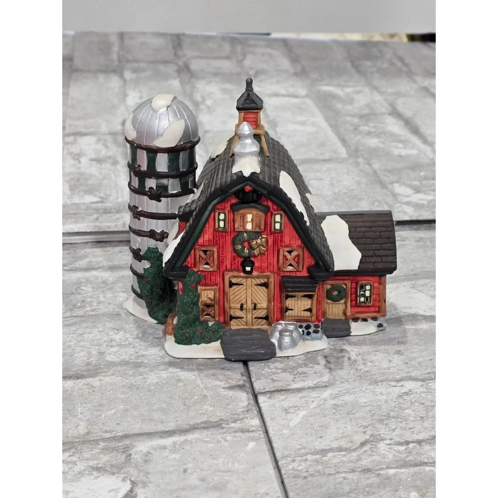 O'Well China Red Barn Silo Christmas Village House 1997 w/ white brick‎ house